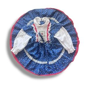 Vtg 80s Polly Flinders Full Circle Skirt Smocked Blue Ruffle Dress - Size 2T USA